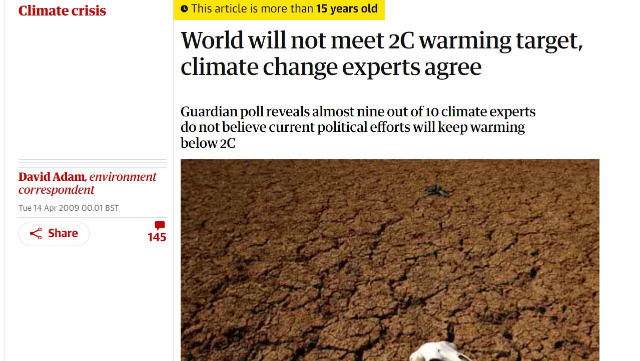 Headline reads: "World will not meet 2C warming target, climate change experts agree," April 2009.