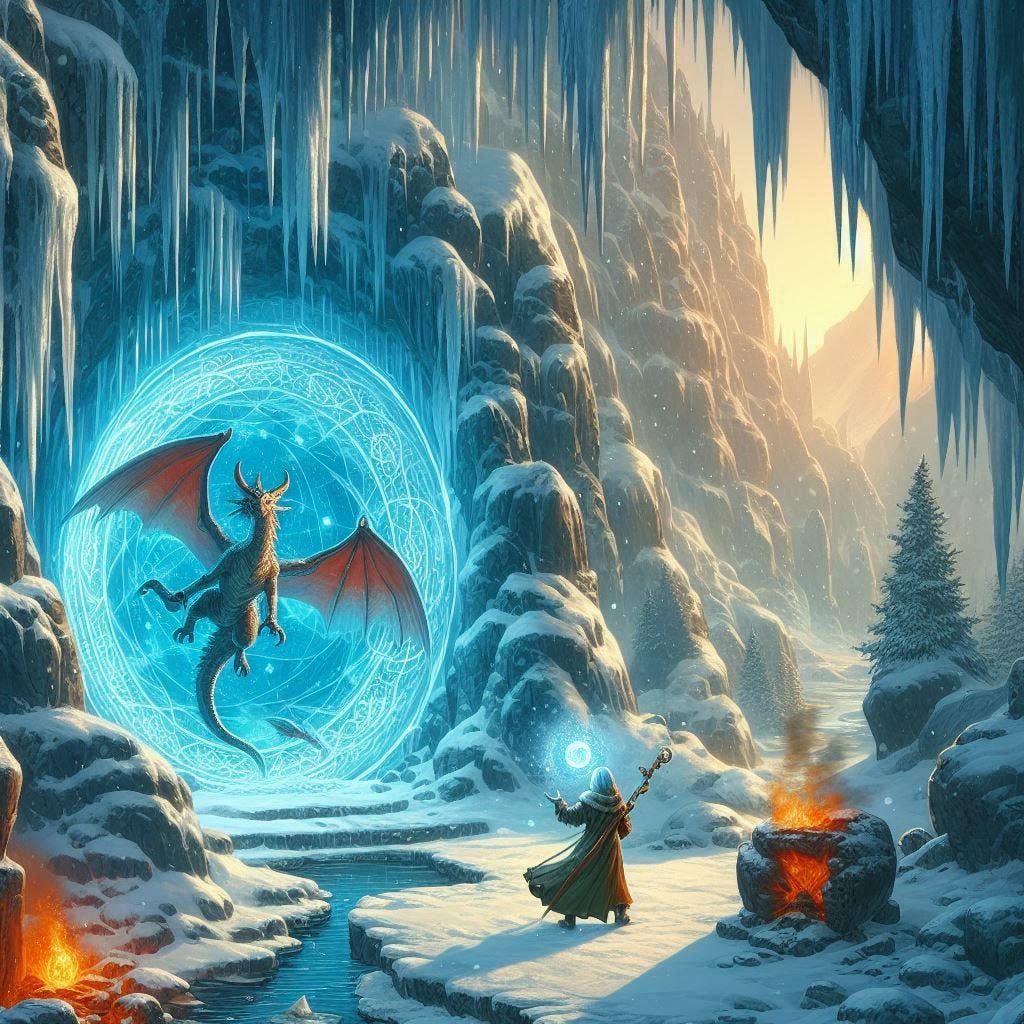 icy cavern, small dragon coming out of portal, elf mage casting portal, dungeons and dragons fantasy drawing