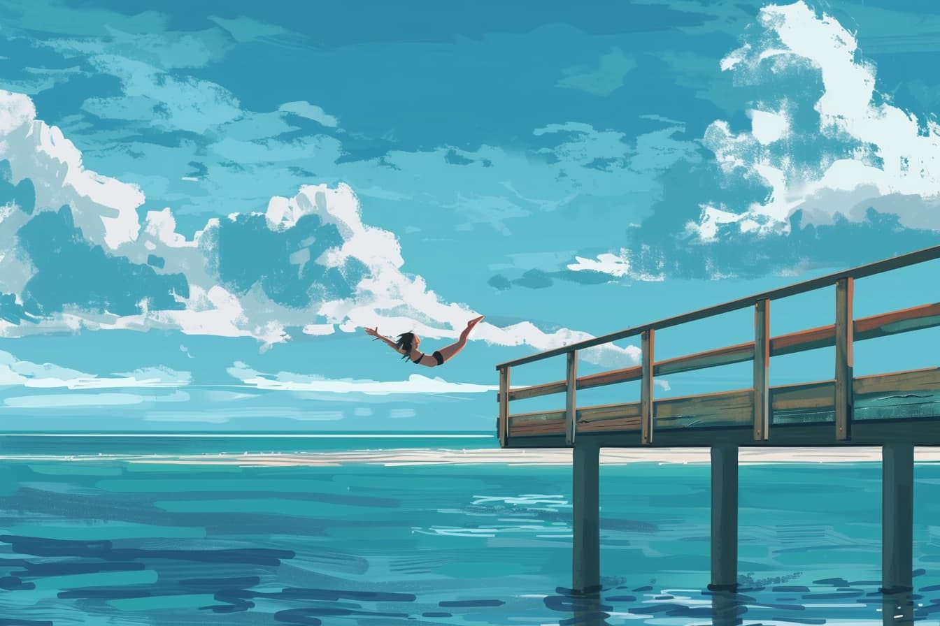 graphic novel illustration of a woman jumping from a pier into the ocean