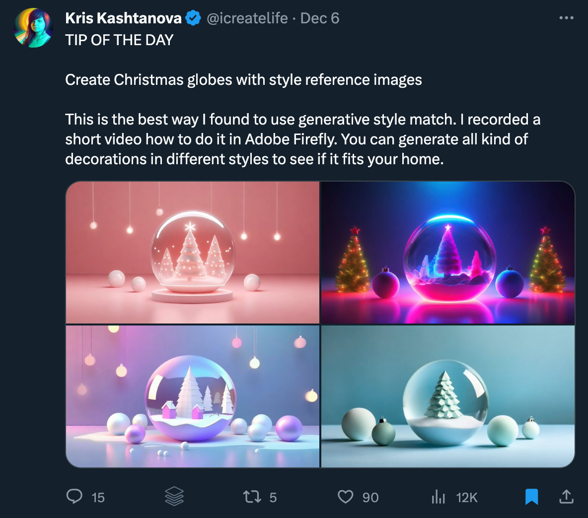 Tweet from @icreativelife showing how to create Christmas illustrations using Adobe Firefly. Four examples are demonstrated.