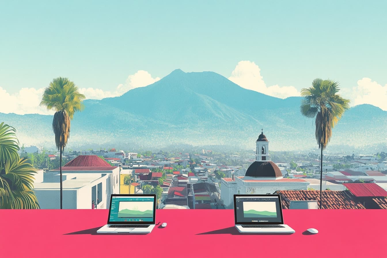 A rooftop in Guatemala with two laptops