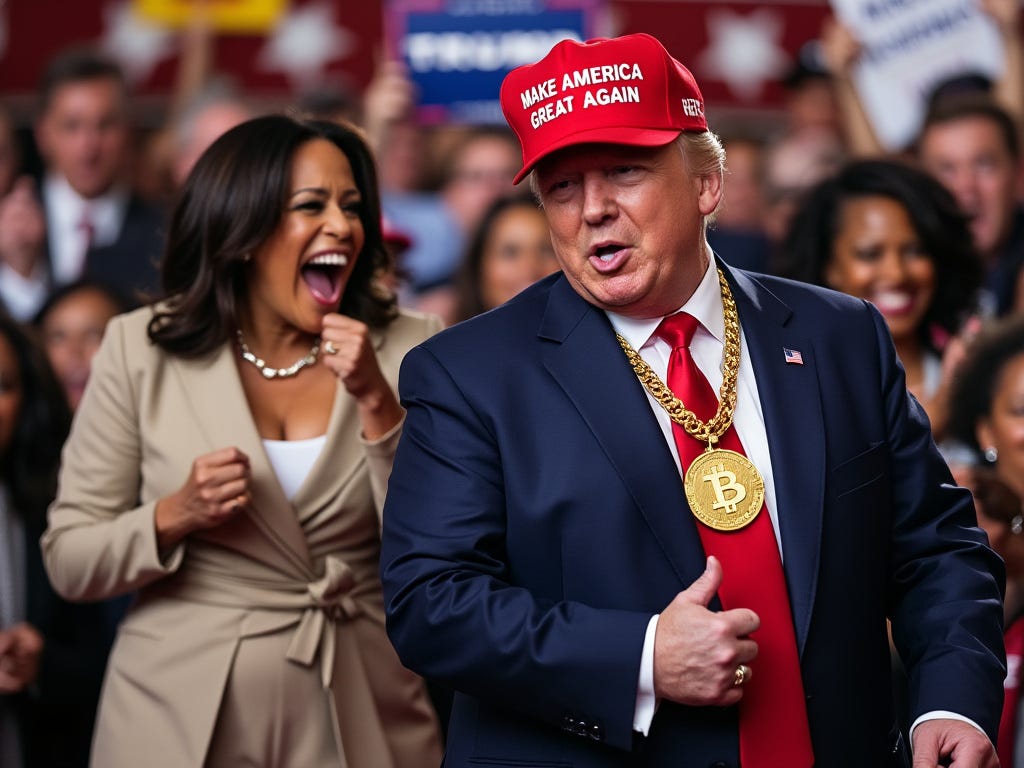 A person in a suit and red hat with a gold coin on his neck and a person in a crowd

Description automatically generated