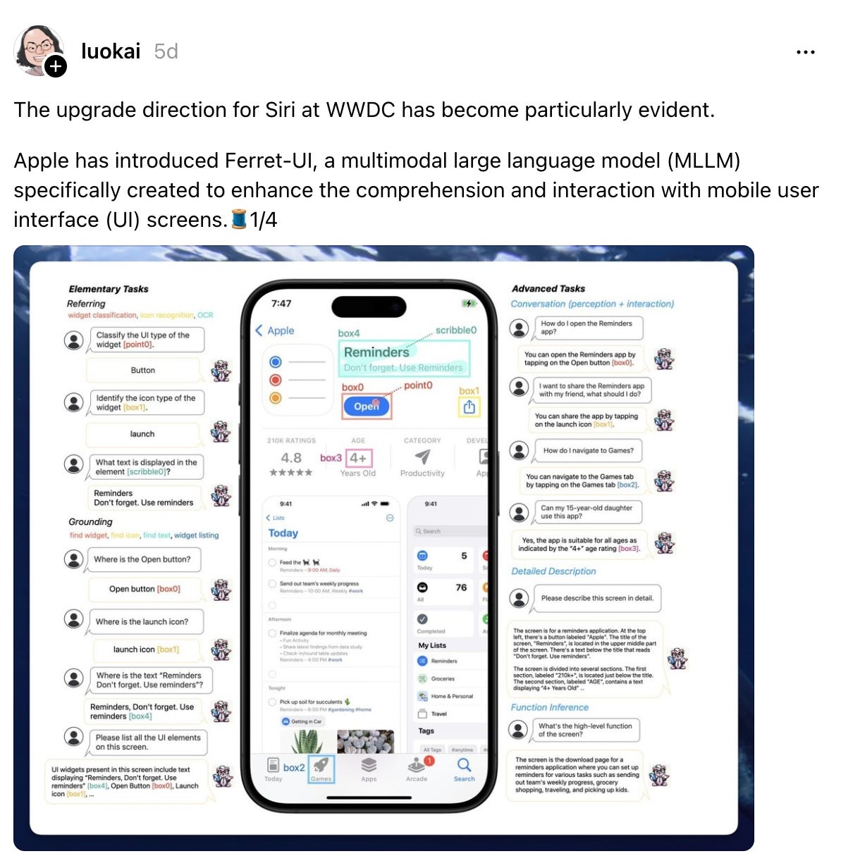  luokai 5d The upgrade direction for Siri at WWDC has become particularly evident. Apple has introduced Ferret-UI, a multimodal large language model (MLLM) specifically created to enhance the comprehension and interaction with mobile user interface (UI) screens.🧵1/4 luokai 12/23/2023