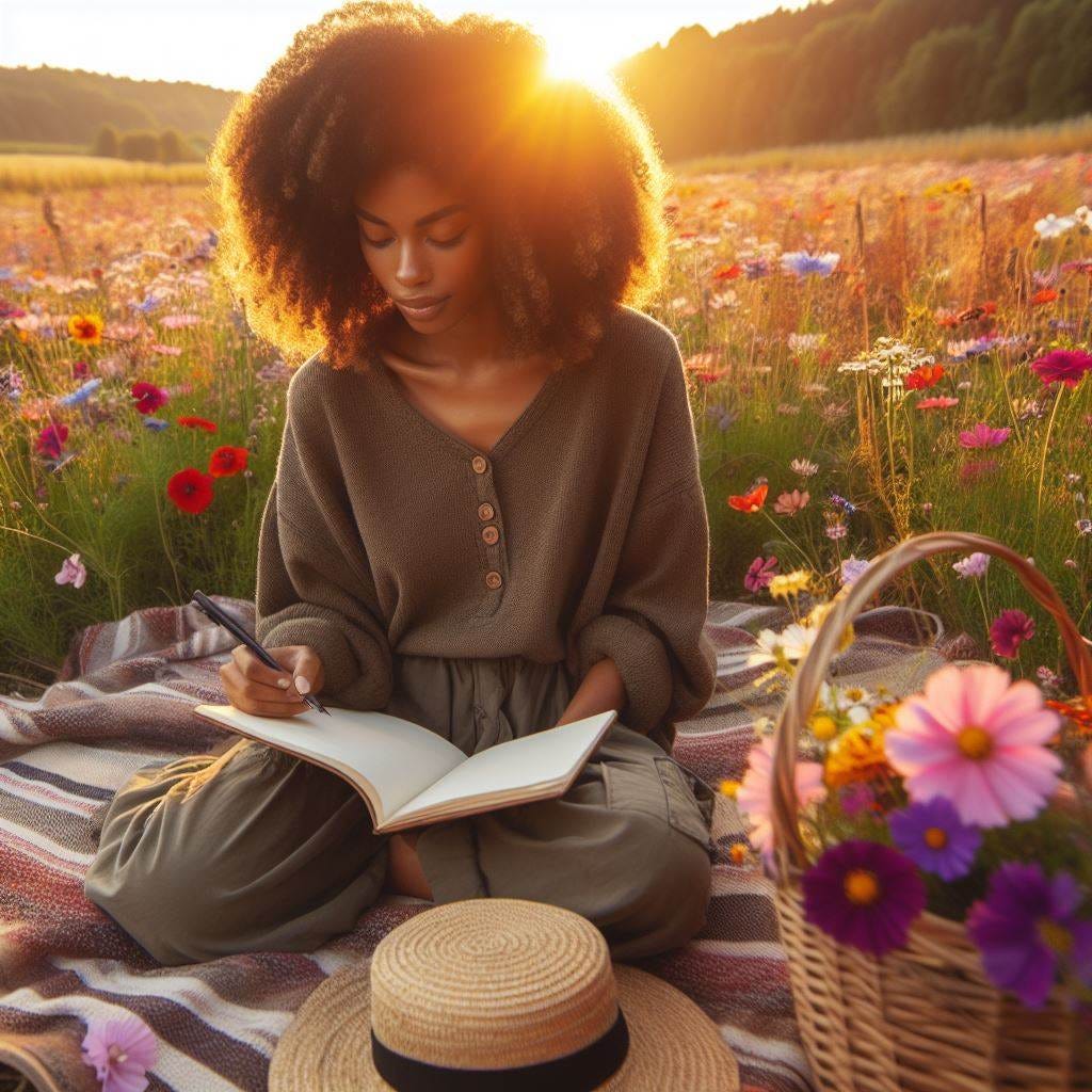 African American Woman sitting in the middle of a field of flowers colorful, on a blanket, writing a letter