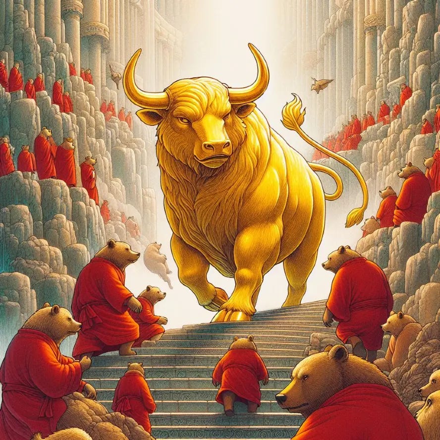 AI art: golden bull surrounded by red bears.