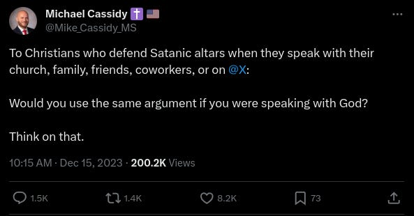 To Christians who defend Satanic altars when they speak with their church, family, friends, coworkers, or on  @X :  Would you use the same argument if you were speaking with God?   Think on that.