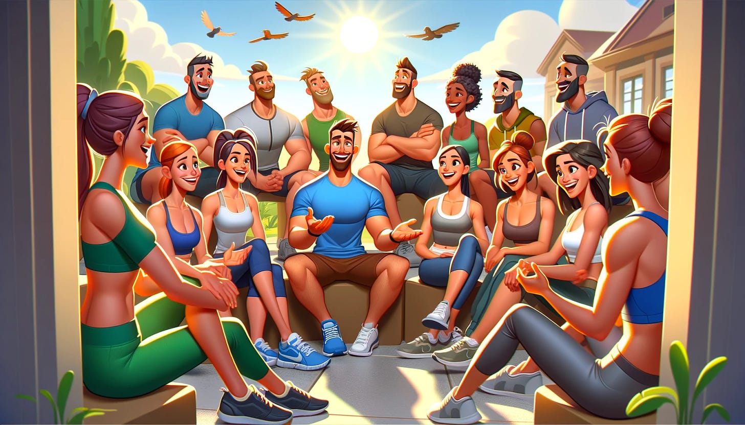 A group of healthy and fit people in a lively discussion, depicted in a Pixar-style animation. The scene is set in a comfortable, outdoor setting, suggesting a sense of community and shared interest in health and wellness. Each character is smiling and actively participating in the conversation, embodying a spirit of collaboration and mutual support. The characters are designed with vivid colors, expressive faces, and an overall cheerful atmosphere, typical of Pixar's animation style. The landscape format captures the entire group, emphasizing their engagement and the vibrant energy of their discussion.
