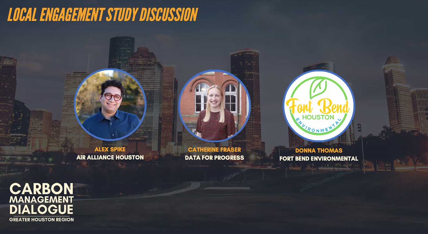 Slide saying "Local engagement study discussion," featuring name and headshots for Alex Spike with Air Alliance Houston, Catherine Fraser with Data for Progress, and Donna Thomas with Fort Bend Environmental.