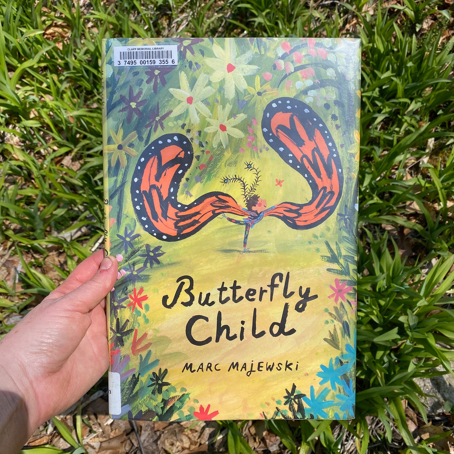 I’m holding this book above a patch of young green daylily shoots. 