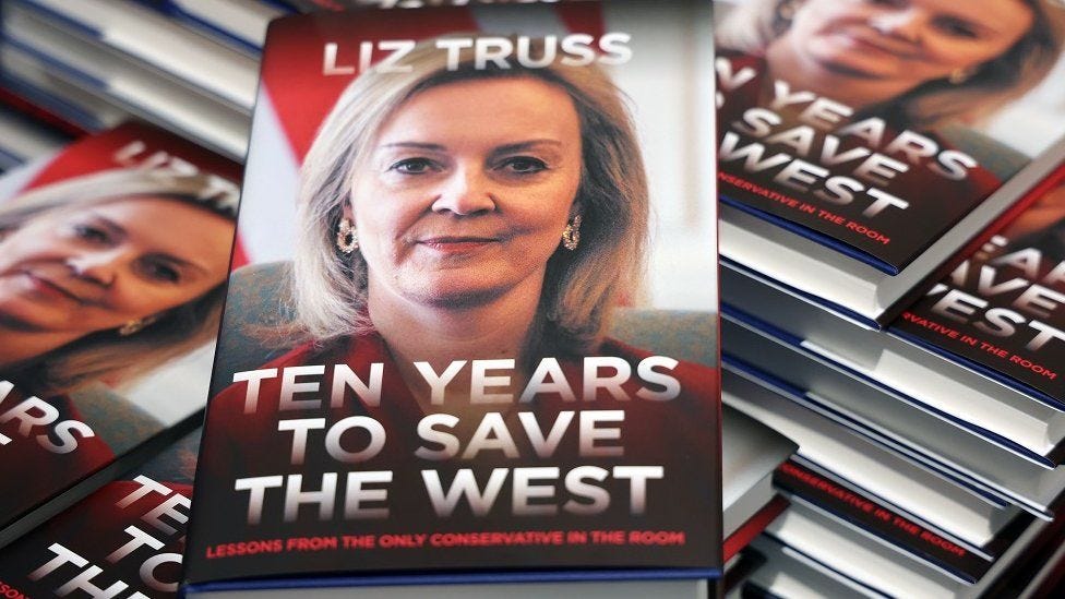 Former British Prime Minister Liz Truss' new memoir 'Ten Years to Save the West' on sale at a bookstore