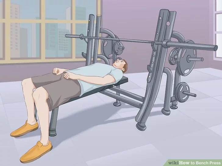 Step 1 Begin by lying flat on the bench, with your body in a natural and relaxed position.