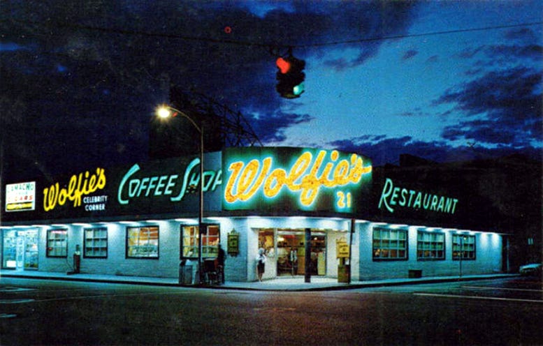 Postcard of Wolfies on Lincoln Road in Miami Beach.