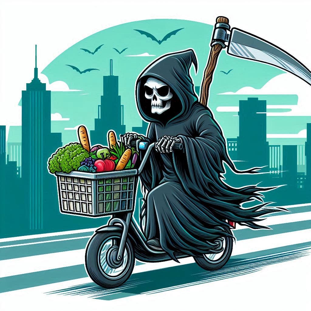 a cartoon of the Grim Reaper riding an urban grocery-delivery electronic bike