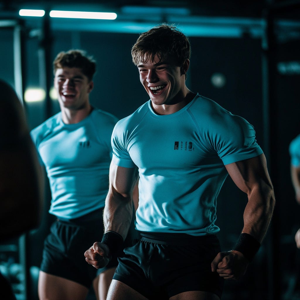 Strong male athletes in the gym training and celebrating wearing light blue team gear.