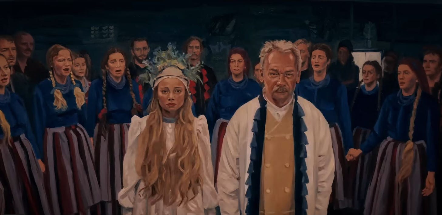 A screenshot from the movie The Peasants showing Jagna and Boryna at their wedding.  Jagna has a very unhappy expression while Boryna looks stern.