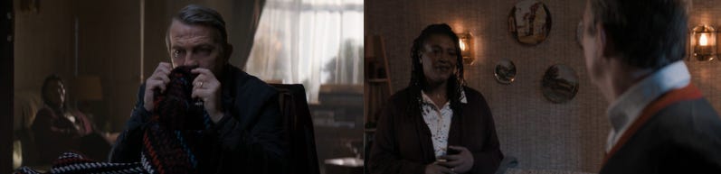 This diptych shows two scenes from "Arachnids in the UK" (Doctor Who Series 11's fourth episode) involving the characters of Grace Sinclair-O'Brien (played by Sharon D. Clarke) and her husband, Graham O'Brien (played by Bradley Walsh). On the left, Graham sniffs one of the deceased Grace's coats although a vision of her sits in a chair behind him. On the right, Graham turns his head away from camera to see Grace, who talks to him as if she's actually in the room. This diptych shows two scenes from "Arachnids in the UK" (Doctor Who Series 11's fourth episode) involving the characters of Grace Sinclair-O'Brien (played by Sharon D. Clarke) and her husband, Graham O'Brien (played by Bradley Walsh). On the left, Graham sniffs one of the deceased Grace's coats although a vision of her sits in a chair behind him. On the right, Graham turns his head away from camera to see Grace, who talks to him as if she's actually in the room.