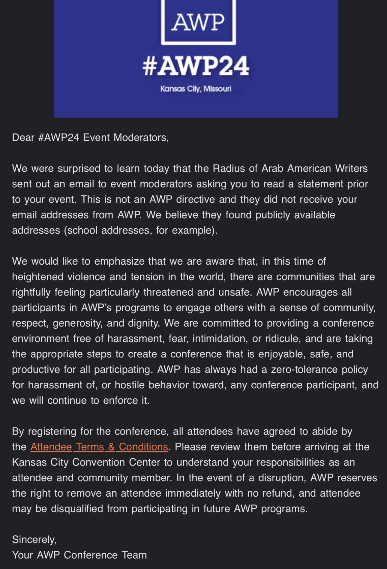 AWPs statement in response. It can be found on AWP's Twitter feed, but I'm no longer on Twitter because of all the damn Nazis, so can't point you to it directly. 