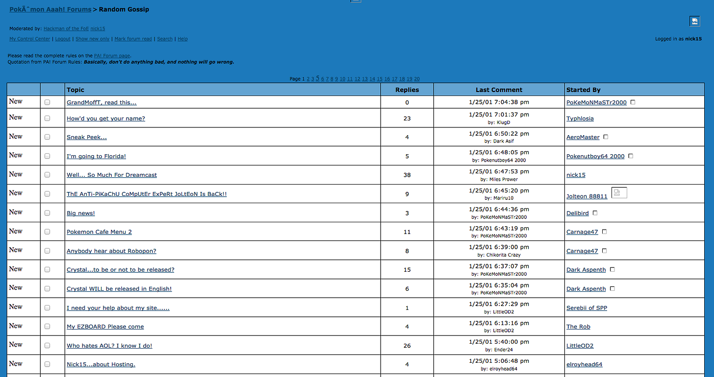 PokéAaah's forum from January 2001, with some familiar faces from the Pokémon fan community visiting there