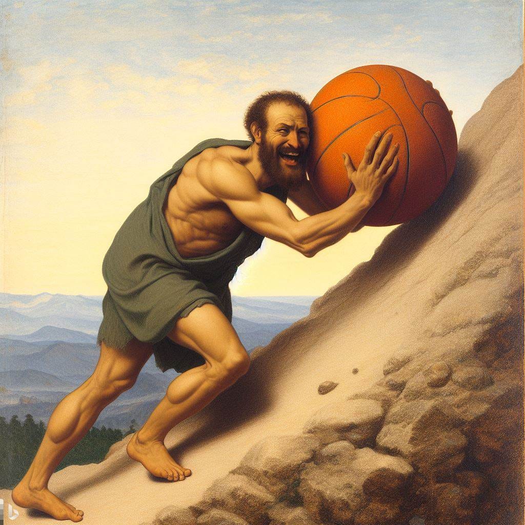 Sisyphus smiling while pushing a basketball up a hill, in the style of Winslow Homer