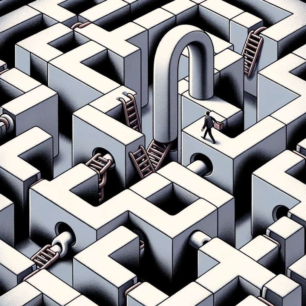 Ilustración de un laberinto formado por bloques de cadena de bloques. Dentro del laberinto, un inversor con una linterna busca una salida, pero se encuentra con múltiples callejones sin salida, simbolizando las trampas de la sobrediversificación.