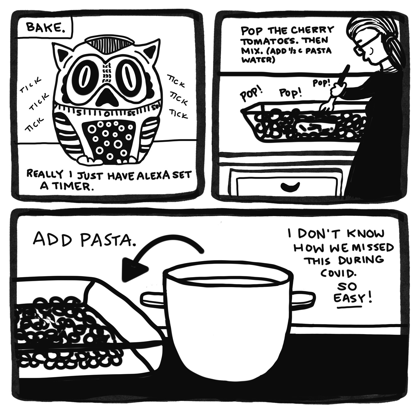 Panels 8-10 of a graphic novel set showing the making of Baked Feta Pasta