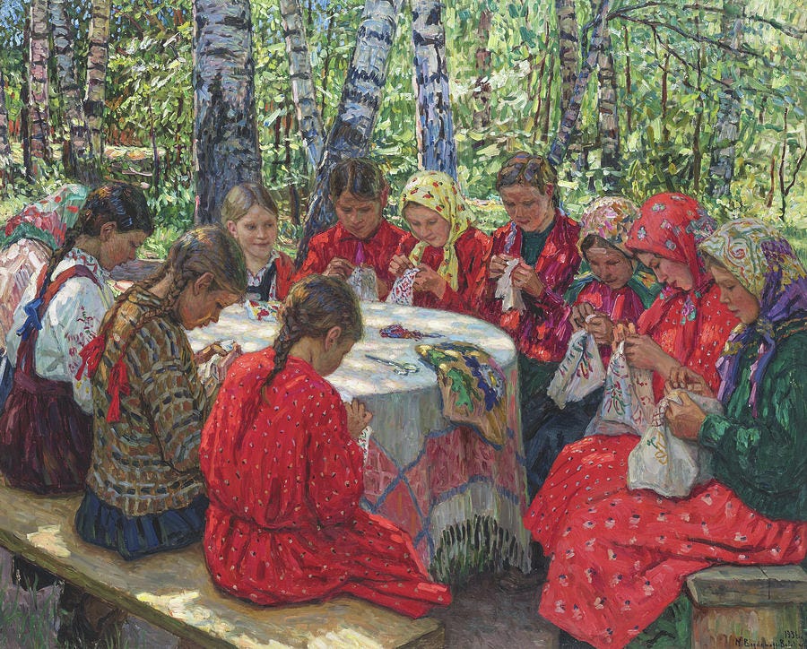 Needlework lesson, 1936 Painting by Nikolay Bogdanov-Belsky - Fine Art  America