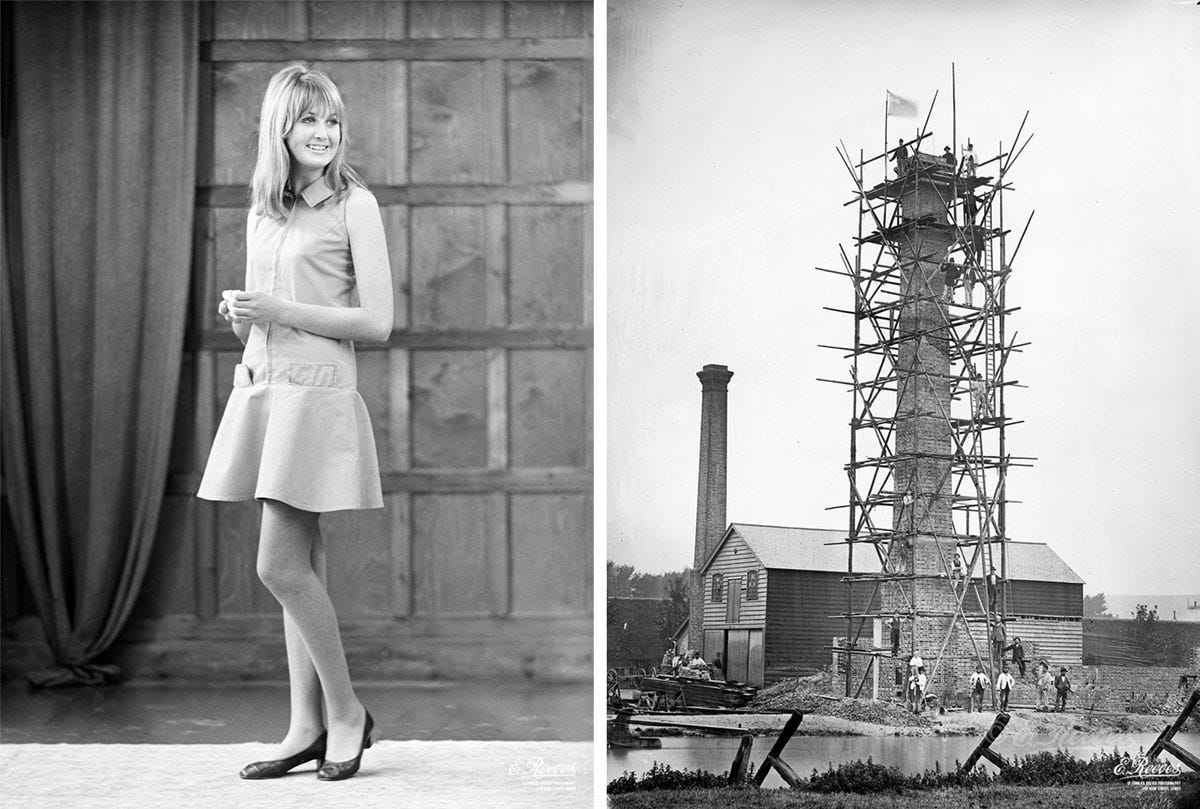 A composite image of two old black and white photographs, one featuring a woman and the other a building under construction