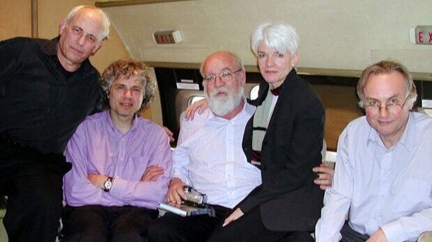 John Brockman, Steven Pinker, Daniel C. Dennett III, Katinka Matson and Richard Dawkins flying to a TED Conference in Moneterey California with Epstein John Brockman, Steven Pinker, Daniel C. Dennett III, Katinka Matson and Richard Dawkins flying to a TED Conference in Moneterey California with Epstein