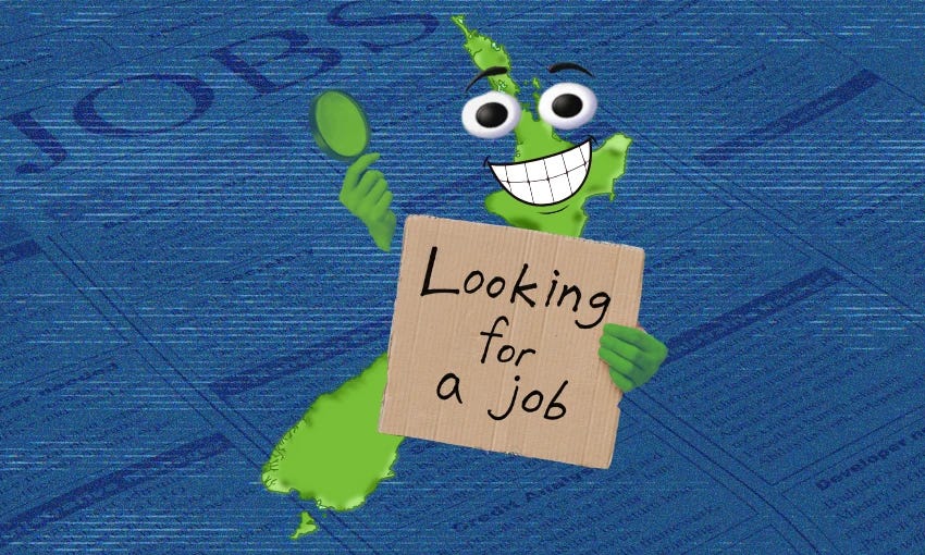 digital illustration of a map of New zealand holding a cardboard sign saying "looking for a job"