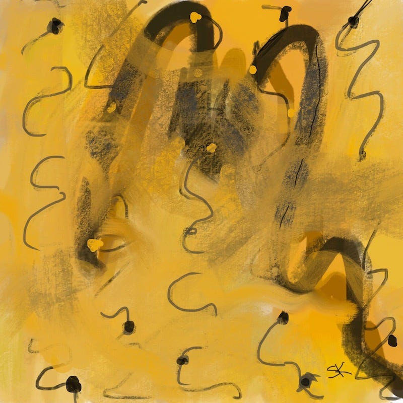 Abstract painting by Sherry Killam Arts suggesting a black snake moving wildly against goldish desert sand.