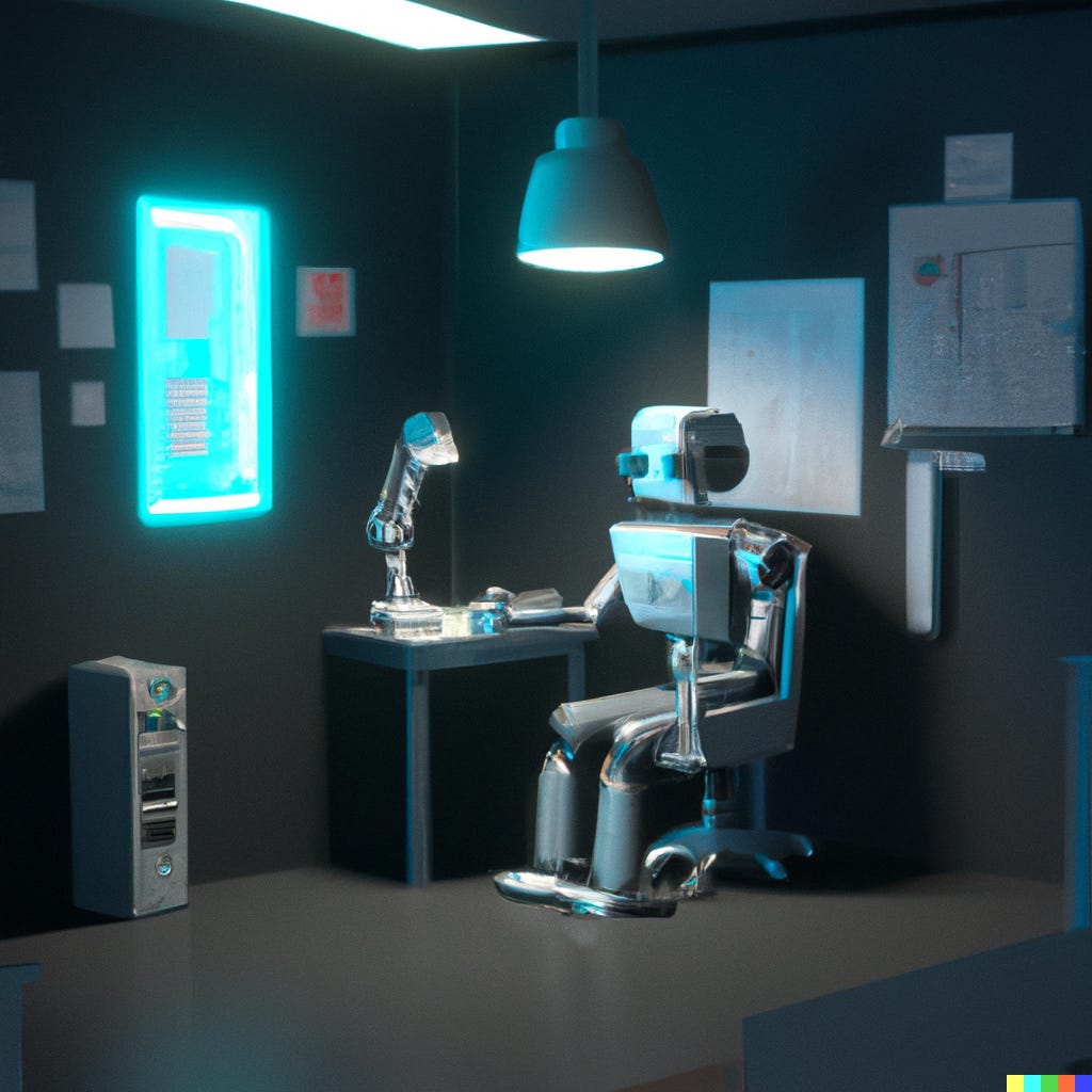 a robot sitting in a cubicle working, digital art