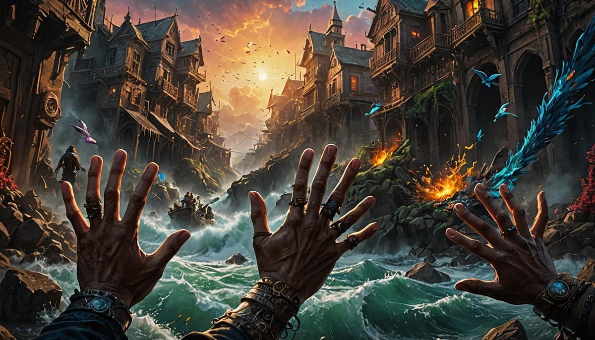 fantasy scene, rescue boat and hands of drowning people in foreground