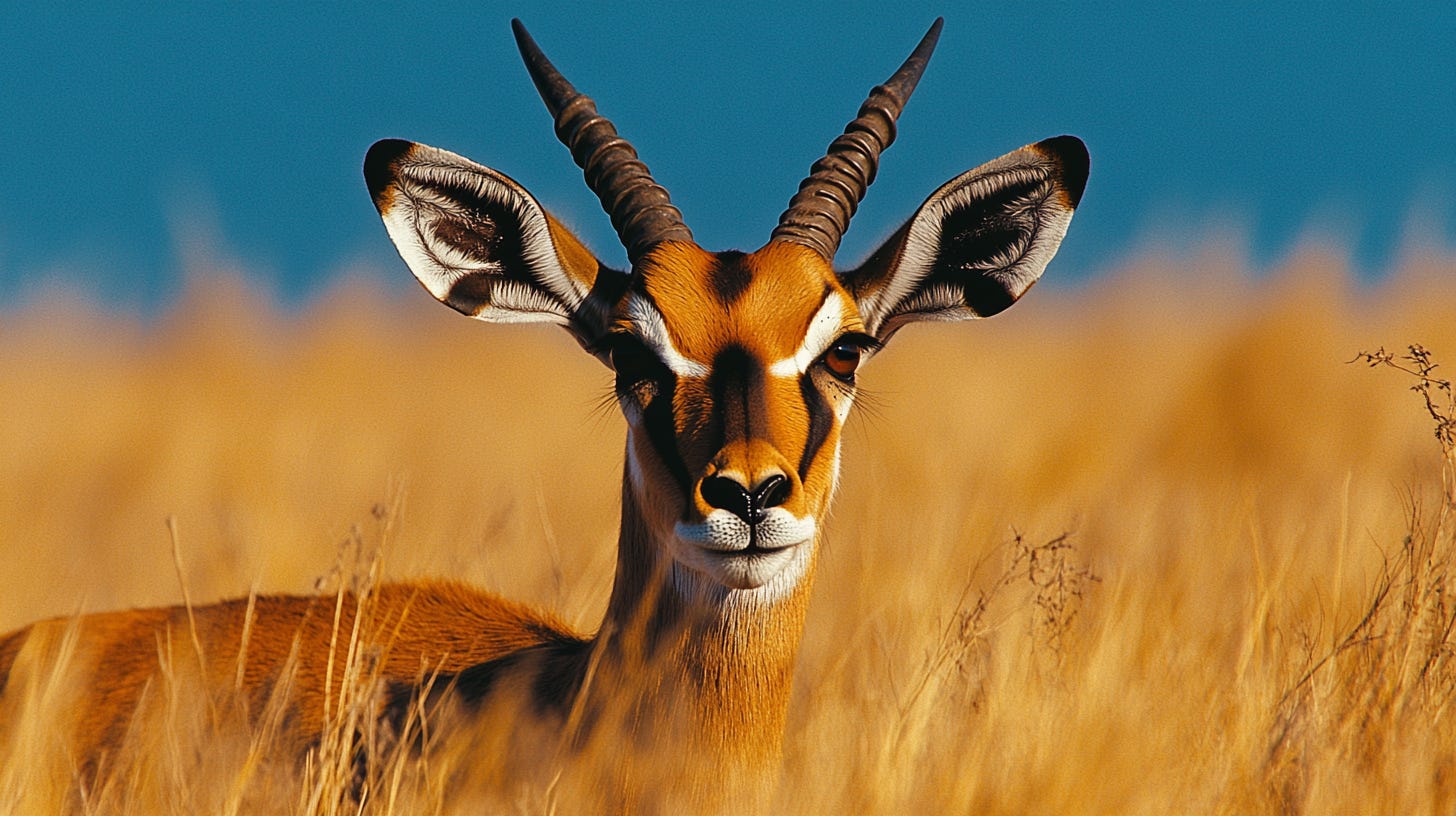  Imagine an impala standing in tall, golden grass under a hot African sun.