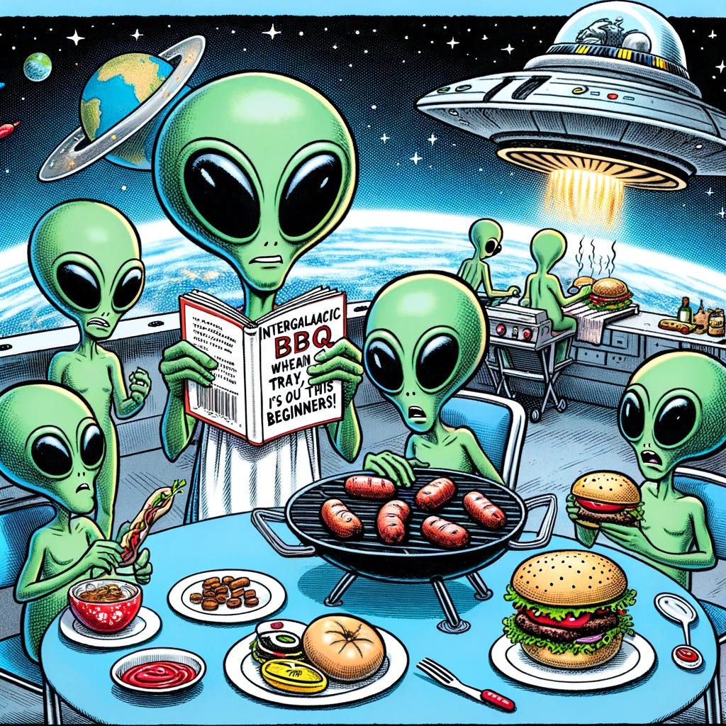 A single-panel comic featuring a group of extraterrestrial aliens having a barbecue on their spaceship. The aliens are humorously struggling to cook earthly foods like burgers and hot dogs on an alien grill. One alien is confusedly reading a cookbook titled 'Earth BBQ for Beginners'. In the background, there's a view of Earth from space. Include the caption: 'Intergalactic BBQ: When aliens try earthly cuisine, it's out of this world!'