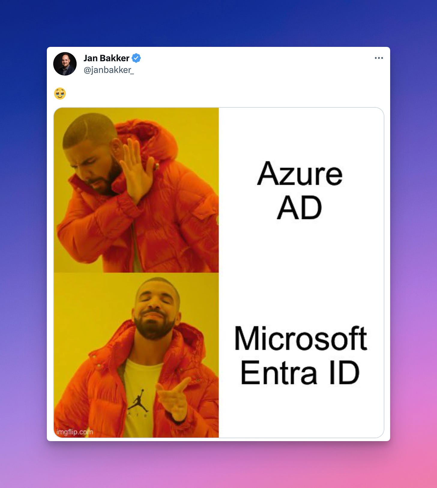Pic of Drake meme showing Drake saying No for 'Azure AD' and showing Yes for 'Microsoft Entra ID'
