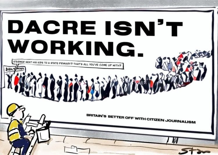 Cartoon shows poster with line of people saying "Dacre isn't working" and "Britain's better off with citizen journalism"