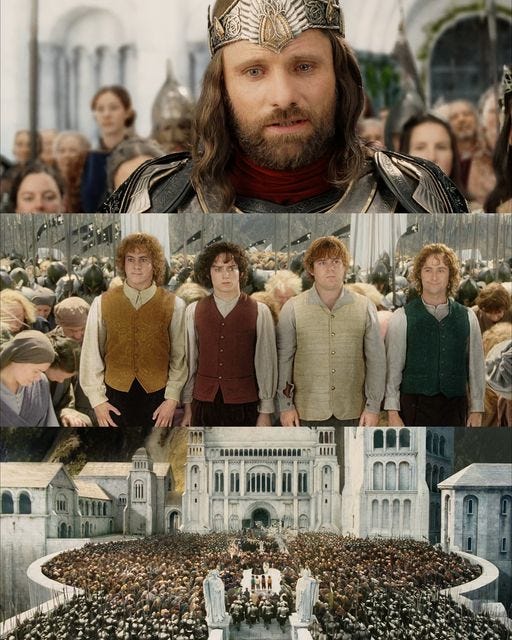 Aragorn and the hobbits in the "you bow to no one" scene