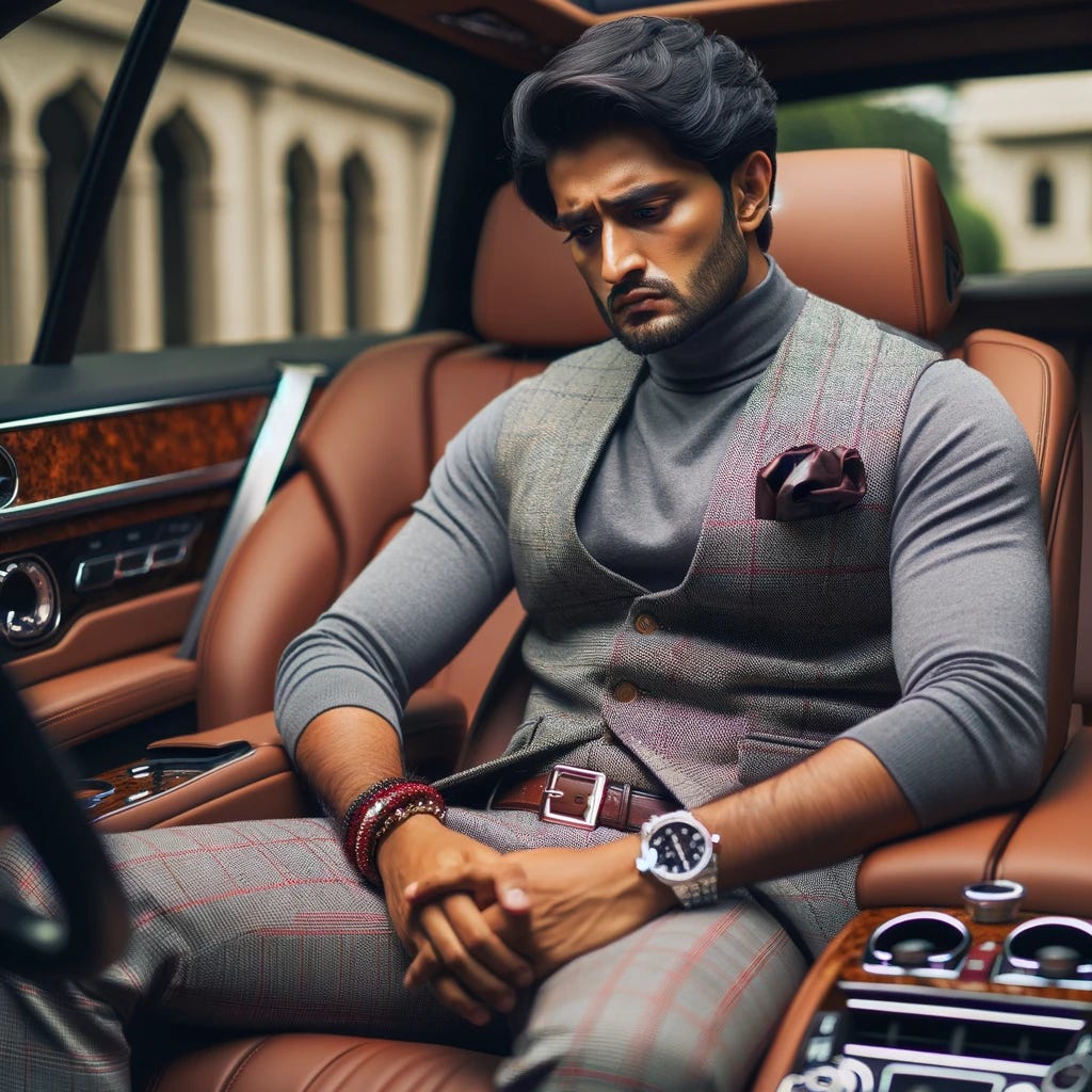 Create an image of an Indian male dressed in luxury casual western attire, including a luxury belt, sitting inside a luxury car. He looks sad, reflecting on his personal challenges despite the outward appearance of success. The setting is a nondescript location, emphasizing the individual's emotions over the environment.