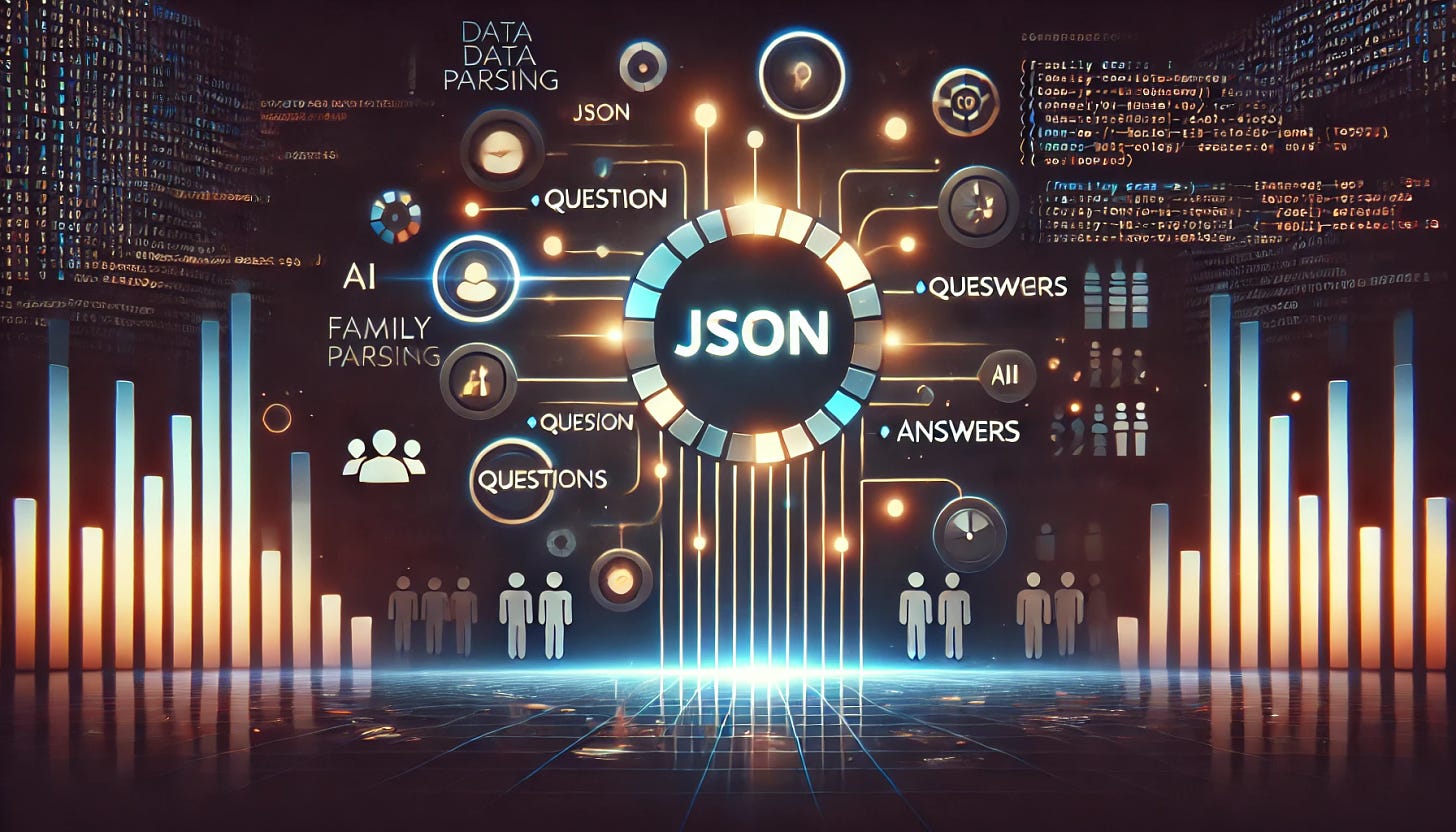 A modern, sleek, and minimalistic banner that visually represents JSON data parsing in a game development context. The background is dark, with abstract digital lines and code snippets flowing from left to right, symbolizing data parsing and AI integration. In the center, a simplified JSON structure glows, with key-value pairs like 'question' and 'answers' prominently displayed. Around this structure, subtle hints of a Family Feud-style game show, such as silhouettes of a game board or abstract players, are faintly visible. The overall color scheme should include dark tones with glowing accents, creating a high-tech and focused atmosphere.