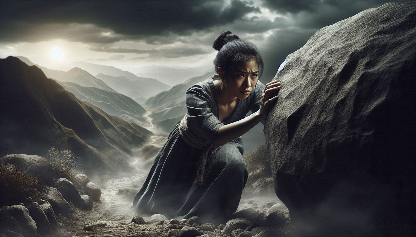 A determined Filipina woman, with a look of resilience on her face, is seen pushing a massive boulder uphill. The background depicts a challenging, rocky terrain with a steep incline. The sky is overcast, symbolizing the struggles she faces. Despite the obstacles, she is focused and strong, representing her journey to get back on track with her life goals. The lighting is dramatic, casting shadows that emphasize her strength and determination.