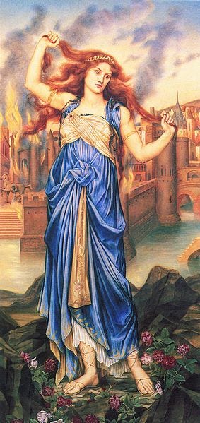 This may contain: a painting of a woman with red hair and blue dress standing in front of a castle