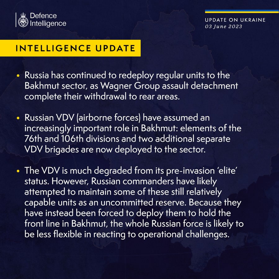 Latest Defence Intelligence update on the situation in Ukraine - 03 June 2023. Please see thread below for full image text.