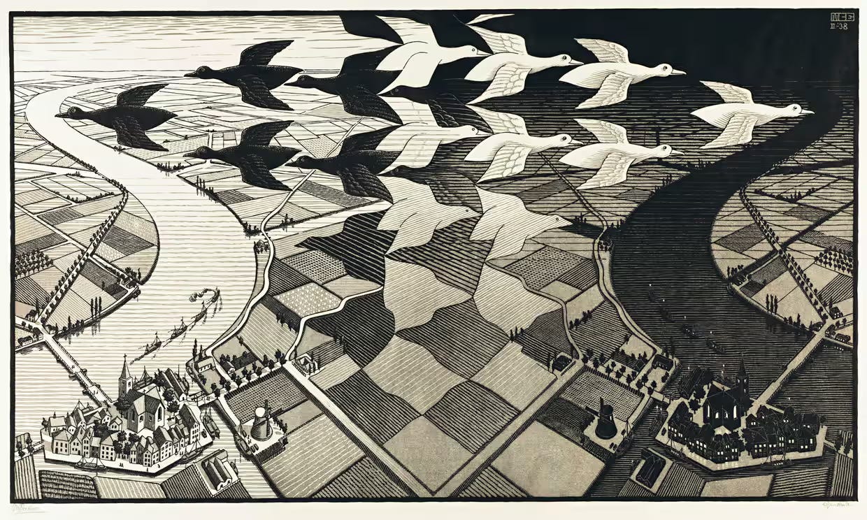 An optical illusion from MC Escher of birds flying in two different directions depending on how you look at it