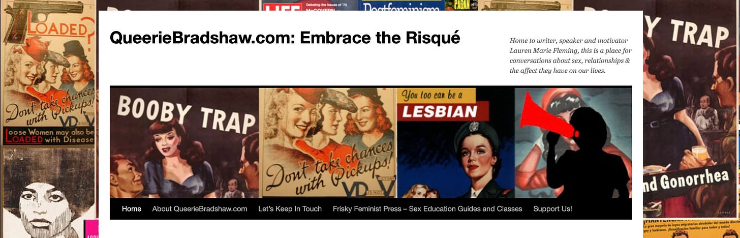 Image of the top of an old website, with vintage sex poster in the background. The site reads QueerieBradshaw.com: Embrace the Risqué