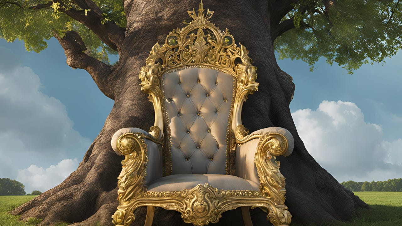 A golden throne under a huge tree. 