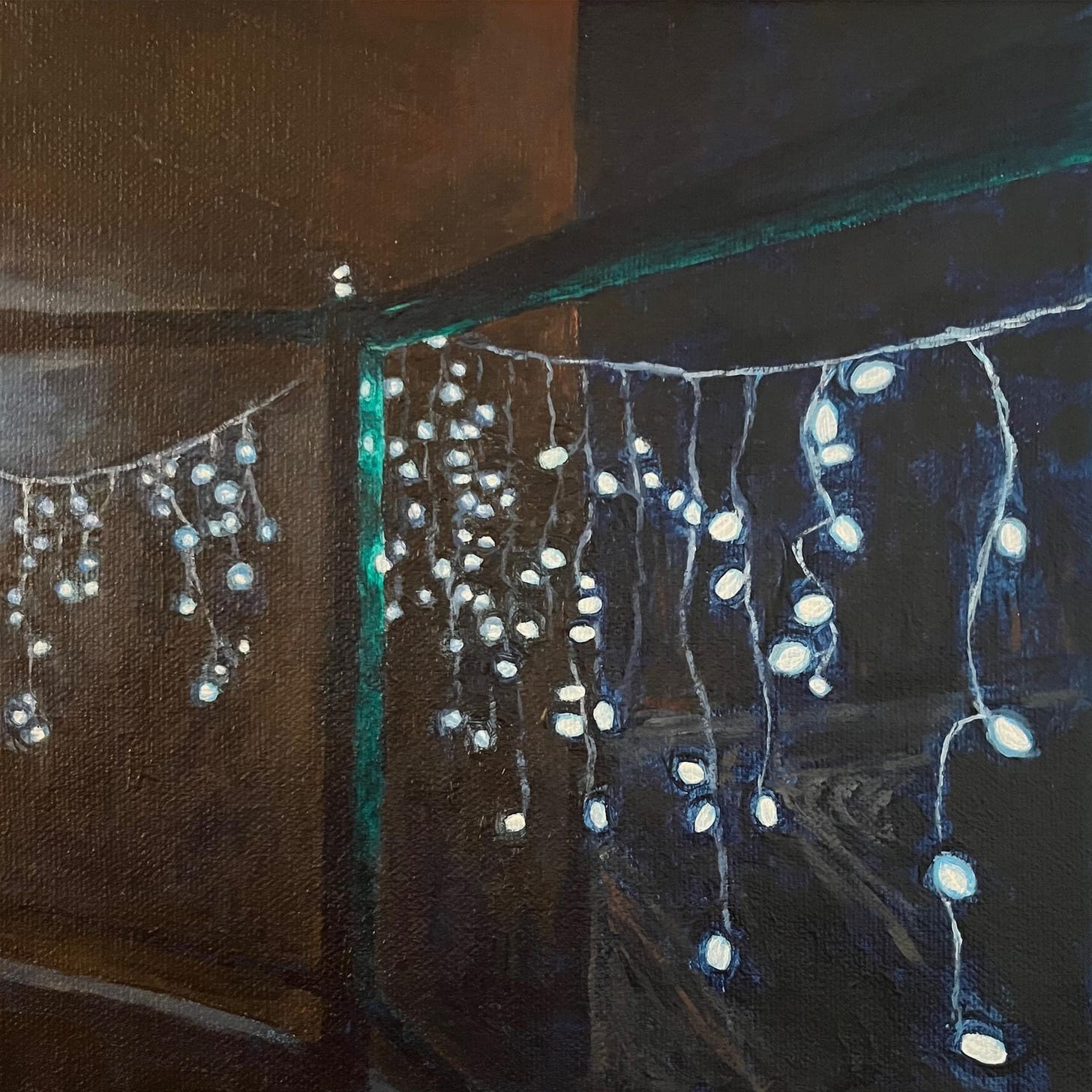 Painting of a night view of our balcony with white, icicle-style Christmas lights hanging along the dark green balcony rail.