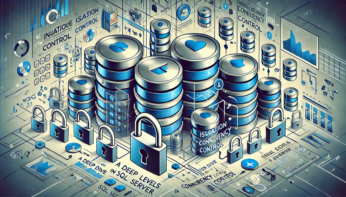 A 16:9 banner image for a blog titled 'A Deep Dive into Isolation Levels and Concurrency Control in SQL Server'. The image should feature an abstract representation of database management, locks, and data transactions. Use visuals like database icons, data flow, padlocks, and arrows to symbolize isolation and concurrency control, with a modern and tech-focused design. Avoid including any text in the image, and use blue and gray tones to convey a professional SQL Server theme.