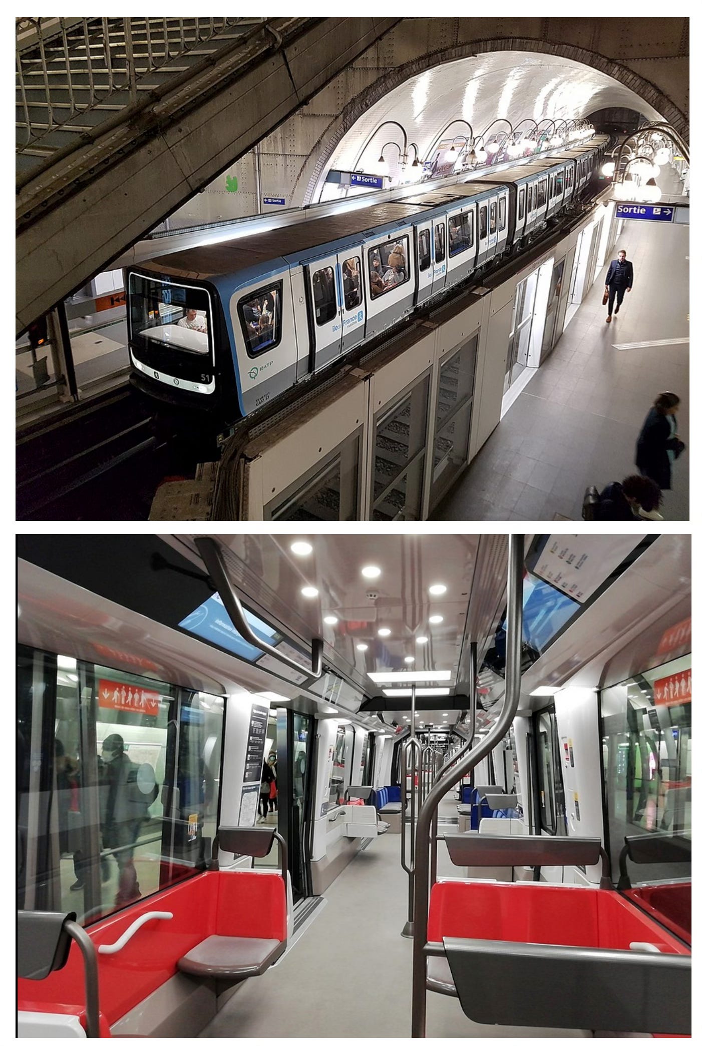 Exterior and interior train photos of Paris' Line 4