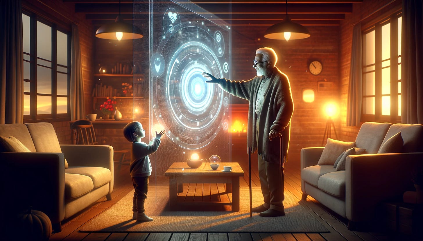 illustration that depicts an elderly person teaching a young child to use a holographic interface in a warmly lit living room, symbolizing the transfer of knowledge and the bridging of generations through technology. This new perspective on the theme of integrating technology into personal life should highlight the warm, intergenerational interaction as they explore the holographic display together. The ambient light should create a cozy atmosphere, underscoring the notion of technology as a tool for connection, learning, and sharing across ages. The design should be clean and heartwarming, illustrating the joy and curiosity that technology can inspire in both the young and the old, within the comfort of a home setting.