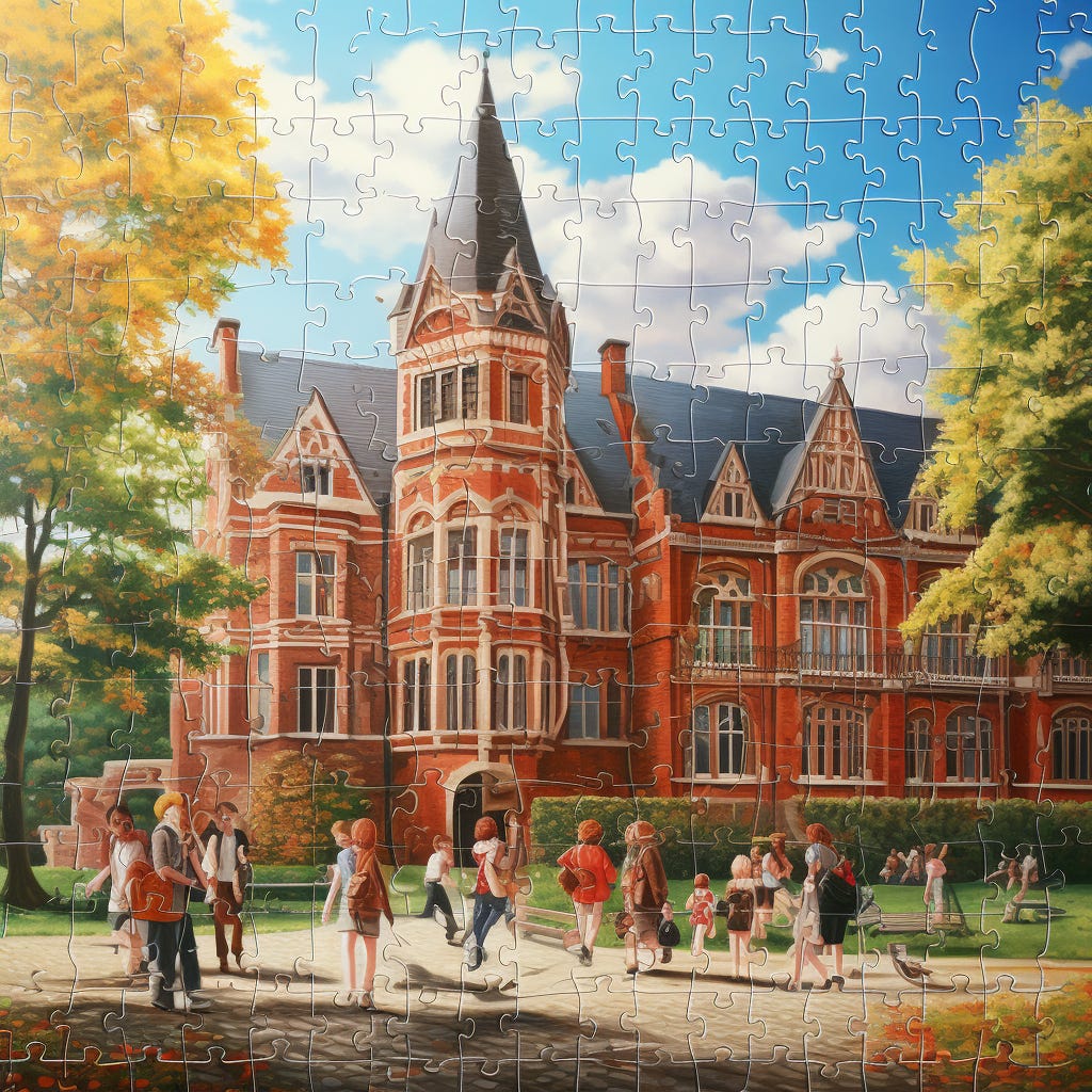 Jigsaw puzzle of an old brick school